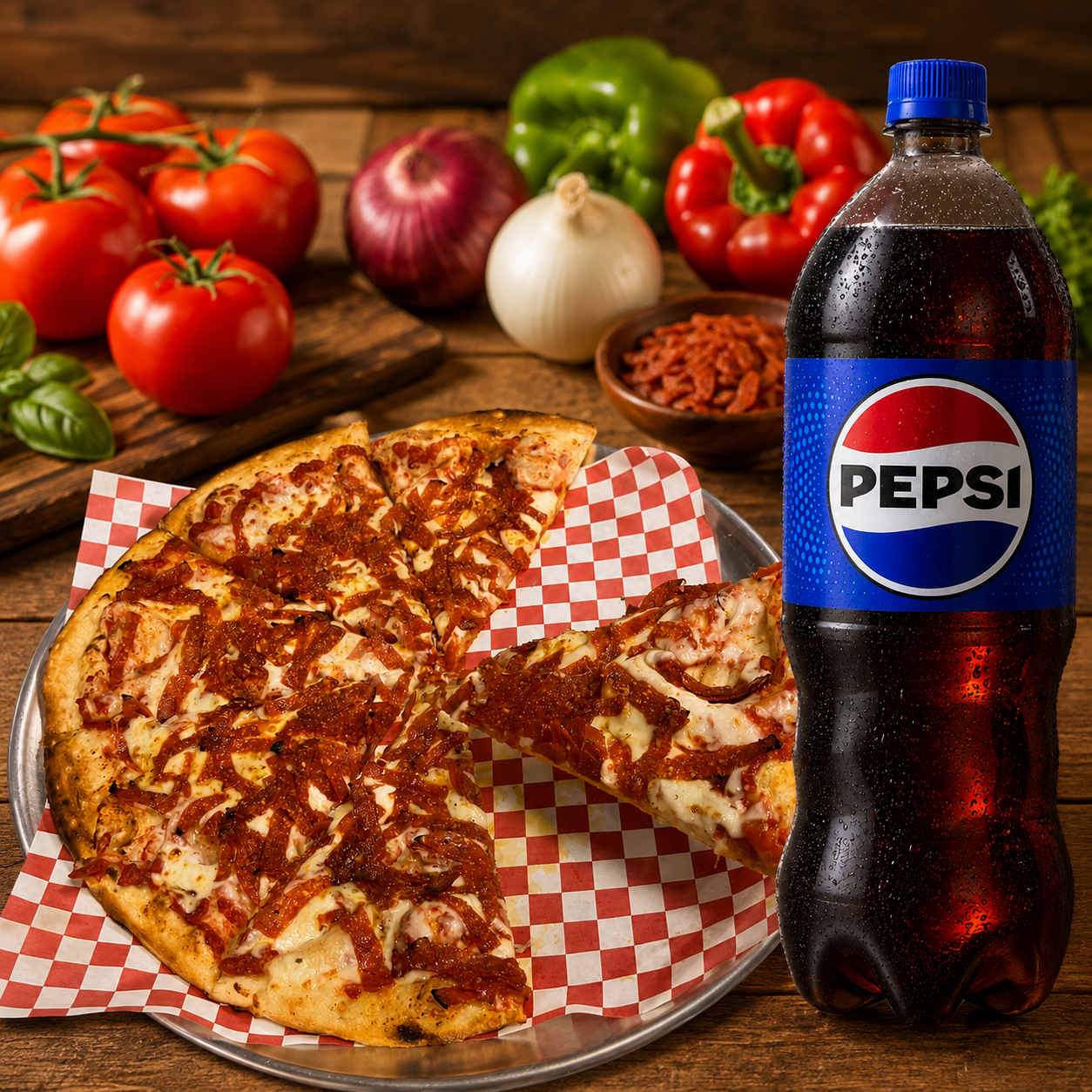 Family pizza deal with shredded pepperoni pizza, breadsticks, salad, and 2L soda from Pizza Meltdown